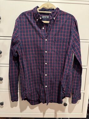 RYE Men's Navy and Red Windowpane Button-Down Shirt